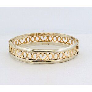 Estate Sterling Silver 925 & 14K Gold Heart Oval Link Bangle Bracelet 6”